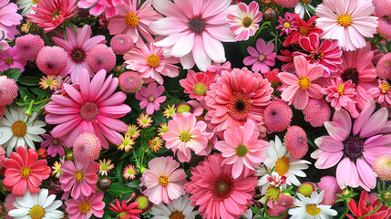 Floral background. Variety of garden flowers in bright pink colour.