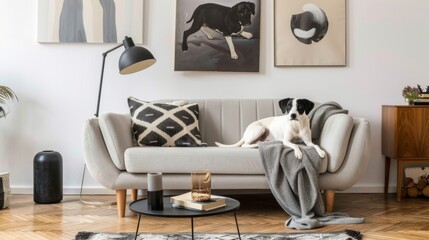 The image showcases a pet-friendly living space with a dog resting on a stylish sofa next to modern furniture and abstract wall art