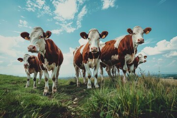 Group of cows stand upright on the edge of a meadow in a pasture, a panoramic wide view 