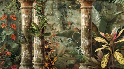 columns in the tropics on a textured background in a watercolor style photo wallpaper in the interior. AI generated illustration