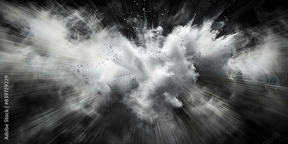 Poster abstract black and white charcoal explosion with dust particles on textured background. concept abst