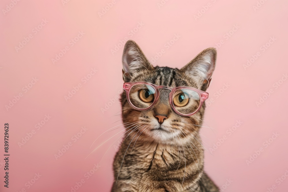 Wall mural smart and intelligent cat wearing glasses with a plain color background