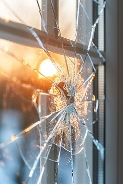 Close up of shattered office window glass, portraying vandalism or accidental damage concept