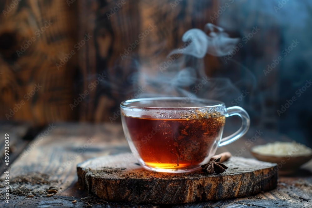 Wall mural hot steaming black tea in rustic cup background