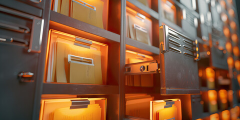 The Glowing Amber Tower: An old-fashioned filing cabinet, open drawers filled with yellowing documents and a retro flip phone.