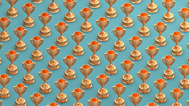 Isometric bronze trophy pattern on blue background 3D illustration render.