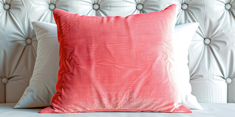 Coral Pink Pillow: A plush coral pink pillow propped against a tufted white headboard