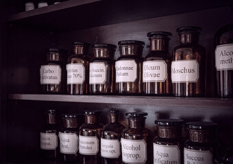 old medicine cabinet and bottles of medicines