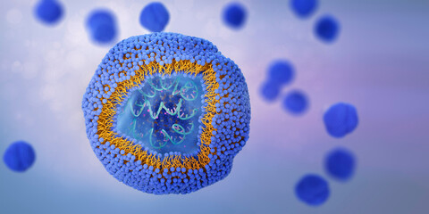 Liposome cross-section with molecules and RNA enclosed by a lipid bilayer formed by phospholipids. Liposomes can be used as drug delivery vehicles. 3d illustration