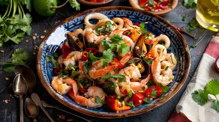 A colorful plate of Thai mixed seafood salad with shrimp, squid, and mussels, garnished with fresh herbs and a spicy lime dressing 