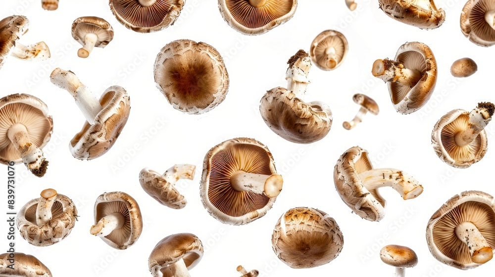 Aufkleber natural mushroom pattern on white background. image features various mushrooms scattered in random o