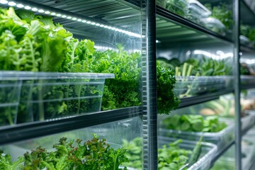 Fototapeta premium Indoor greenhouse with high tech features grows vegetables and salad under artificial light on aluminum shelves