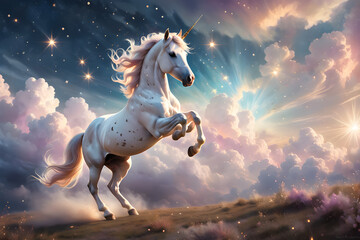 Mythical Unicorn Horse Standing Enchanting Magical Mammal Fantasy Animal Concept sun light background colorful skies background