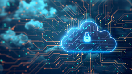 Abstract illustration of cloud security services, stylized cloud icon integrated with a secure padlock symbol, representing data protection and cybersecurity in cloud computing environments