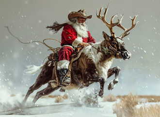 Cowboy Santa Claus riding a bucking reindeer to deliver Christmas gifts