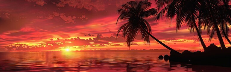 Imagine an iconic scene reminiscent of Scarface, where the vibrant backdrop of an orange sky sets the stage for a row of majestic palm trees. AI generated illustration