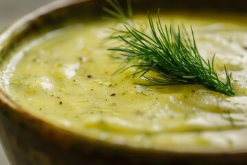 Macro shot of a tasty asparagus soup with dill