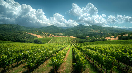 Fototapeta premium A vibrant nature vineyard landscape with a variety of grapevines creating a lush environment