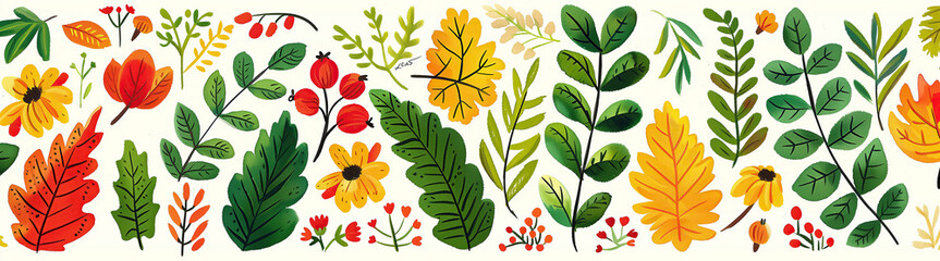 A vibrant digital illustration featuring an array of hand-painted autumn foliage, including leaves, berries, and flowers