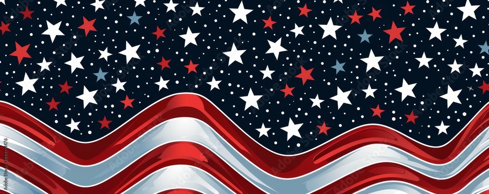 Poster dark blue background with red and white stripes, stars in the shape of an american flag pattern gene