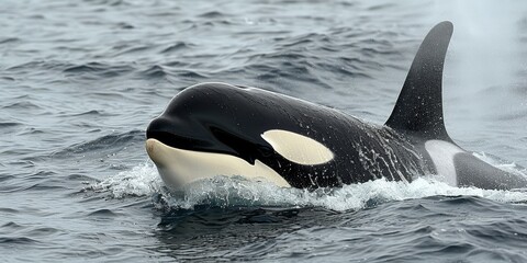 Obraz premium Majestic Orca Whale Surfacing in the Ocean - Close-Up of Killer Whale in Natural Habitat, Illustrating Marine Wildlife Beauty and Power