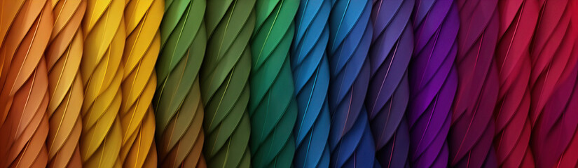 A close-up view of a series of brightly colored feathers, twisted and intertwined, creating a dynamic and textured rainbow