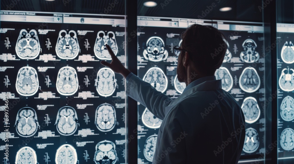 Poster a doctor gesturing towards a series of brain scan images displayed on a lightbox in a consultation r