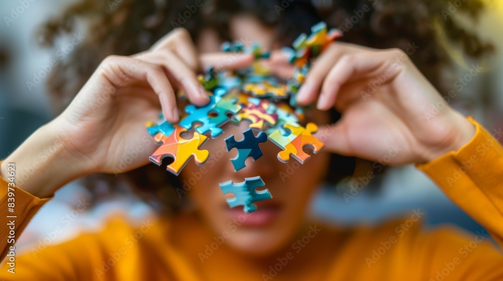 Poster an image of a person trying to complete a puzzle with a frustrated expression representing the chall