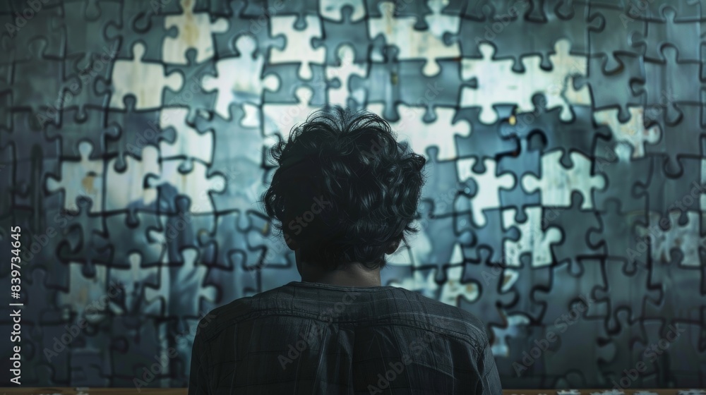 Poster a person sitting in front of a puzzle with a defeated look on their face symbolizing the emotional t