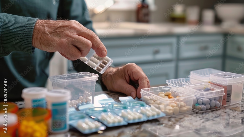 Aufkleber a person counting and organizing their medications into a pill organizer demonstrating the need for 