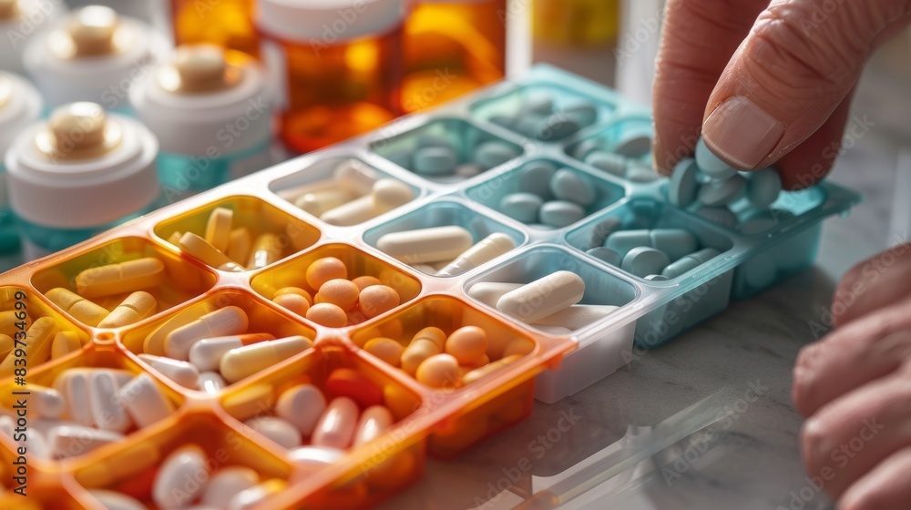 Aufkleber a pill organizer being filled with different types of medication emphasizing the need for organizati