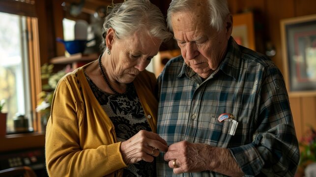 A man helping his wife with Parkinsons disease button her shirt as her hands tremble and struggle to do it herself