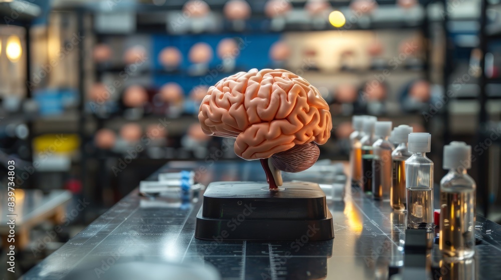 Poster a brain model used in a neuroscience lab to study the development of mental disorders