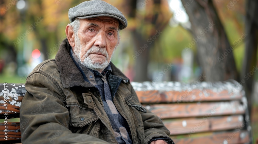 Poster an image of an older man sitting on a bench looking lost and unsure of where he is