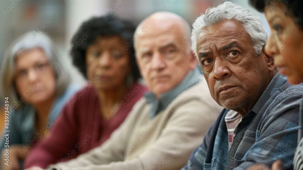Poster a group of seniors sit with furrowed brows clearly struggling to come up with ideas during a brainst