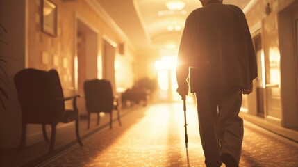 An image of an older gentleman being ed back to his room after getting lost in the nursing home