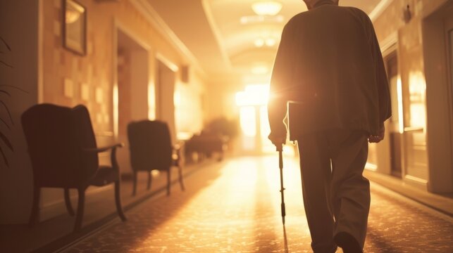 An image of an older gentleman being ed back to his room after getting lost in the nursing home