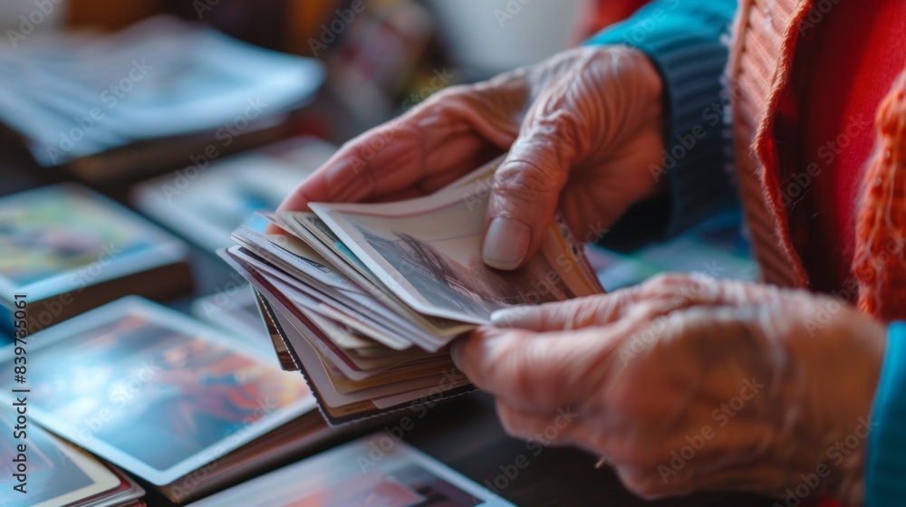 Aufkleber an elderly person sorting through a stack of cards with images and categorizing them during a cognit