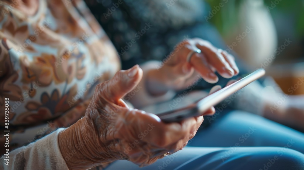 Poster an elderly person using a tablet to complete a digital cognitive test with the help of a healthcare 