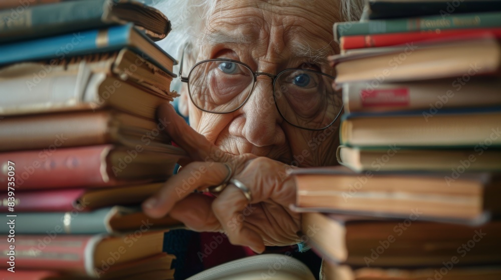 Poster a stack of books next to an elderly person who appears overwhelmed and unsure of where to begin read