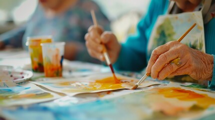 Seniors painting colorful watercolor landscapes in an art class at the senior center