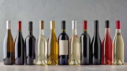 A diverse wine collection on a neutral background. Various wine bottles showcasing different styles and colors. Suitable for beverage advertising and menus. Elegant wine display. AI