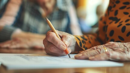 Obraz premium A closeup of an elderly mans hand writing responses on a cognitive test with a healthcare professional watching