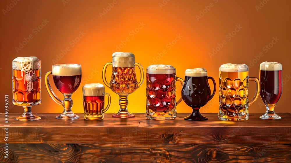 Poster various beer glasses with frothy tops on a wooden surface against a warm background. a vibrant displ