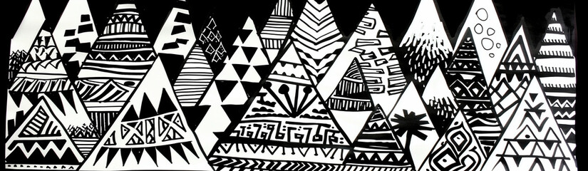 An abstract, hand-drawn artwork depicting a mountain range with black and white geometric patterns