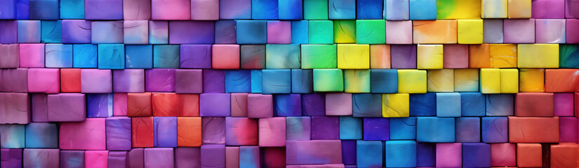 A rainbow of colored cubes form a colorful wall. A wall made up of colorful cubes in shades of pink, purple, blue, green, yellow, orange, and red