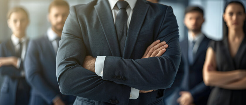 close-up of a confident business leader with his arms crossed, with his team behind him, in an office environment.
