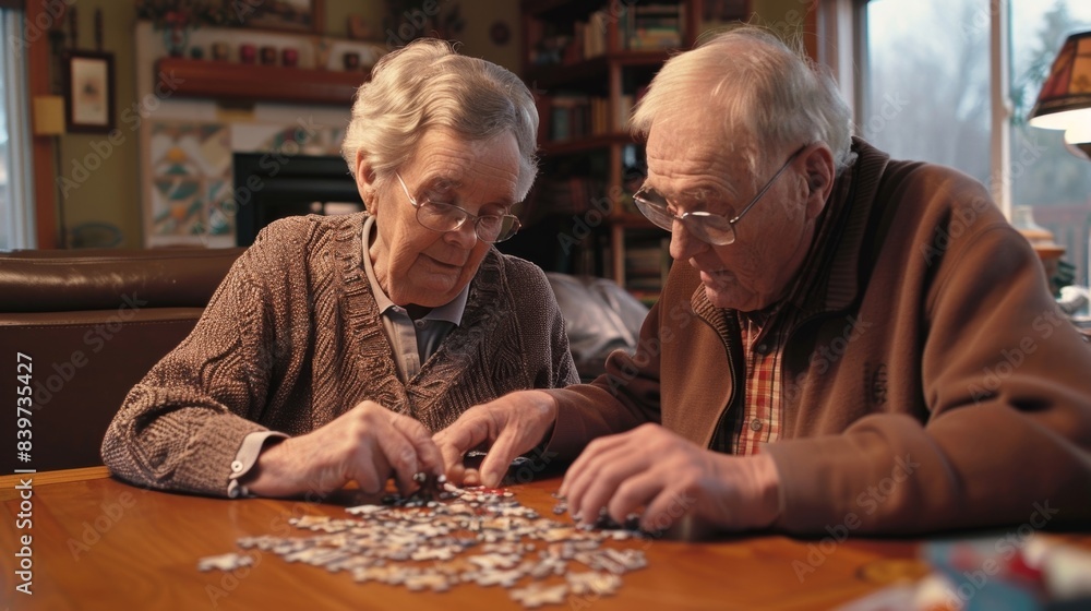 Poster a the and elderly patient engaging in a game or puzzle to exercise their brain and improve cognitive