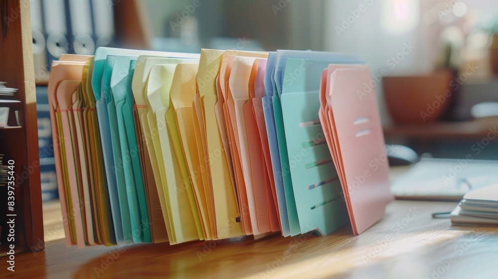Poster a desk with labels on different folders for bills important documents and receipts to keep track of 
