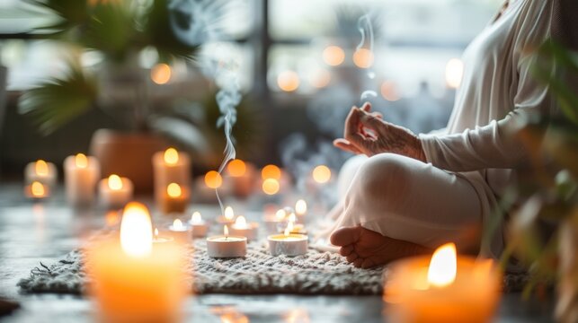 An older individual sitting on a meditation cushion surrounded by candles and incense creating a serene and sacred space for their practice